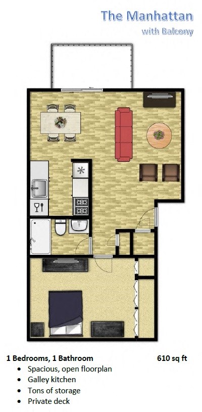 Floor plan for 1 bed, 1 bath, 610 sqft